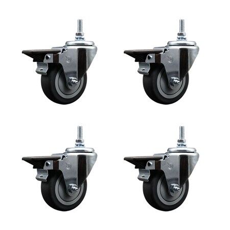 Service Caster 35 Inch Thermoplastic Rubber 38 Inch Threaded Stem Caster Set with Brake SCC-TS20S3514-TPRB-PLB-381615-4